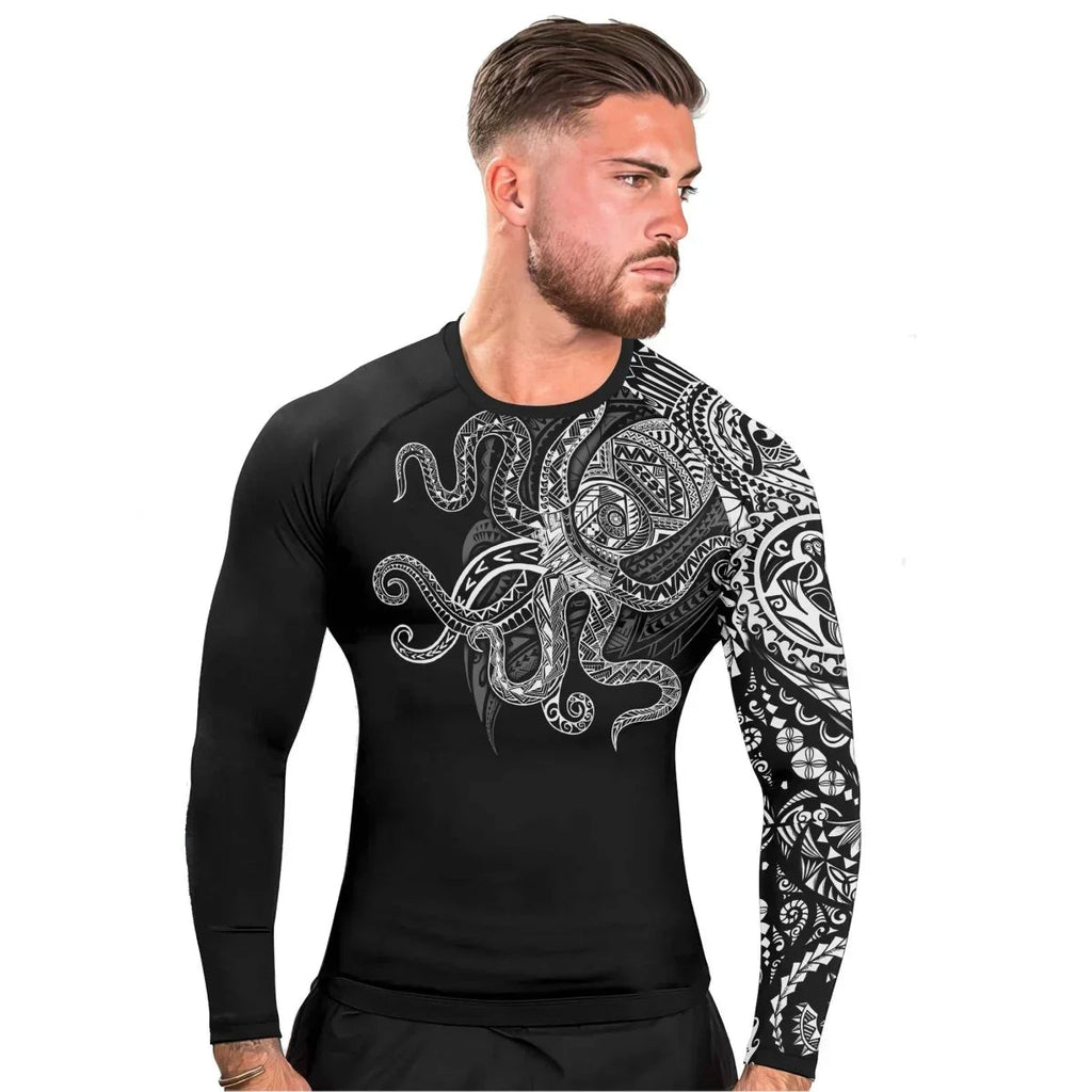 Octopus Tribal Tattoo Men's Long Sleeve Rash Guard