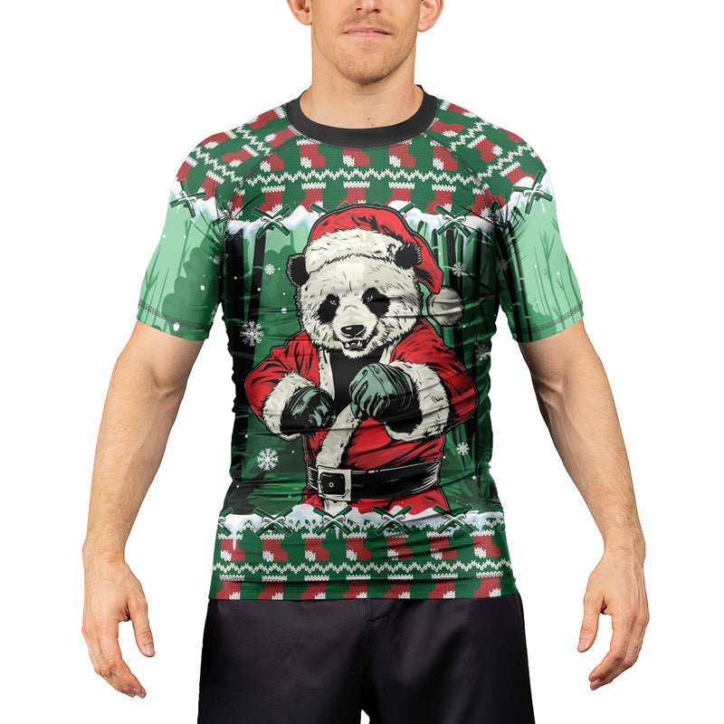 Rashninja Green Kung Fu Christmas Panda Men's Short Sleeve Rash Guard