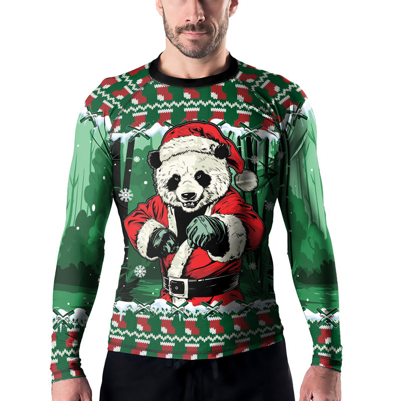 Rashninja Green Kung Fu Christmas Panda Men's Long Sleeve Rash Guard