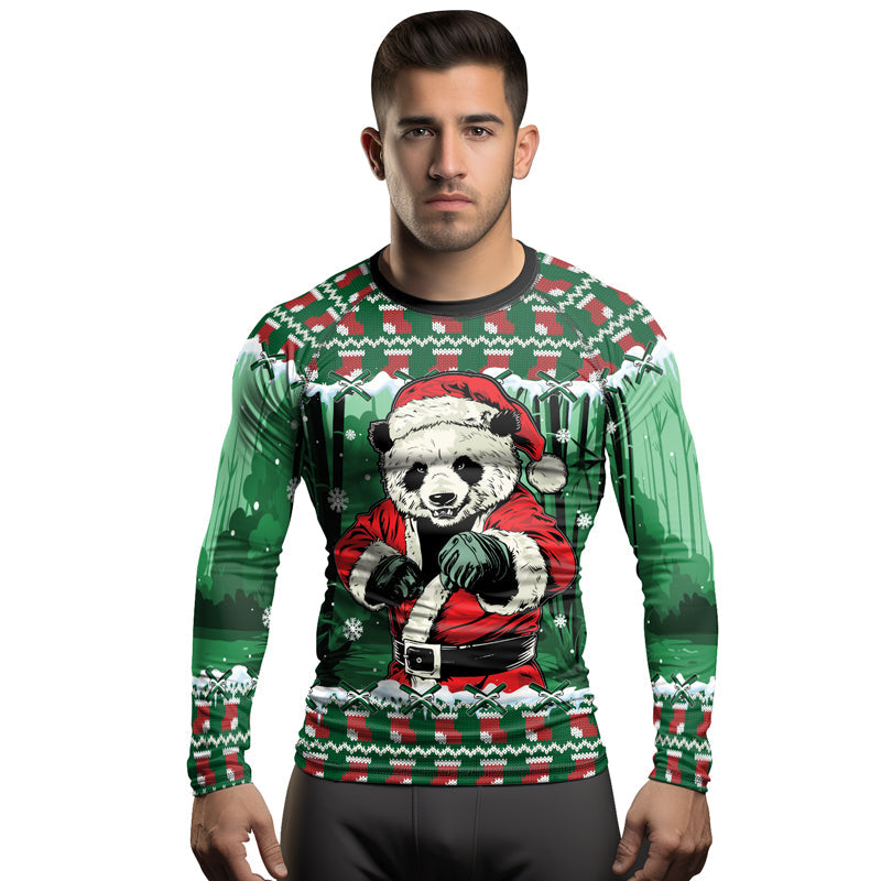 Rashninja Green Kung Fu Christmas Panda Men's Long Sleeve Rash Guard