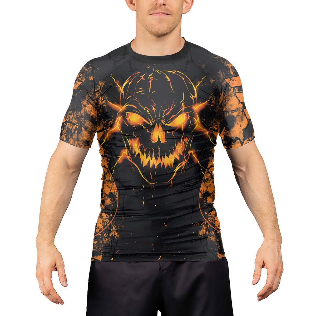 Rashninja Halloween Pumpkin Skull Men's  Short Sleeve Rash Guard