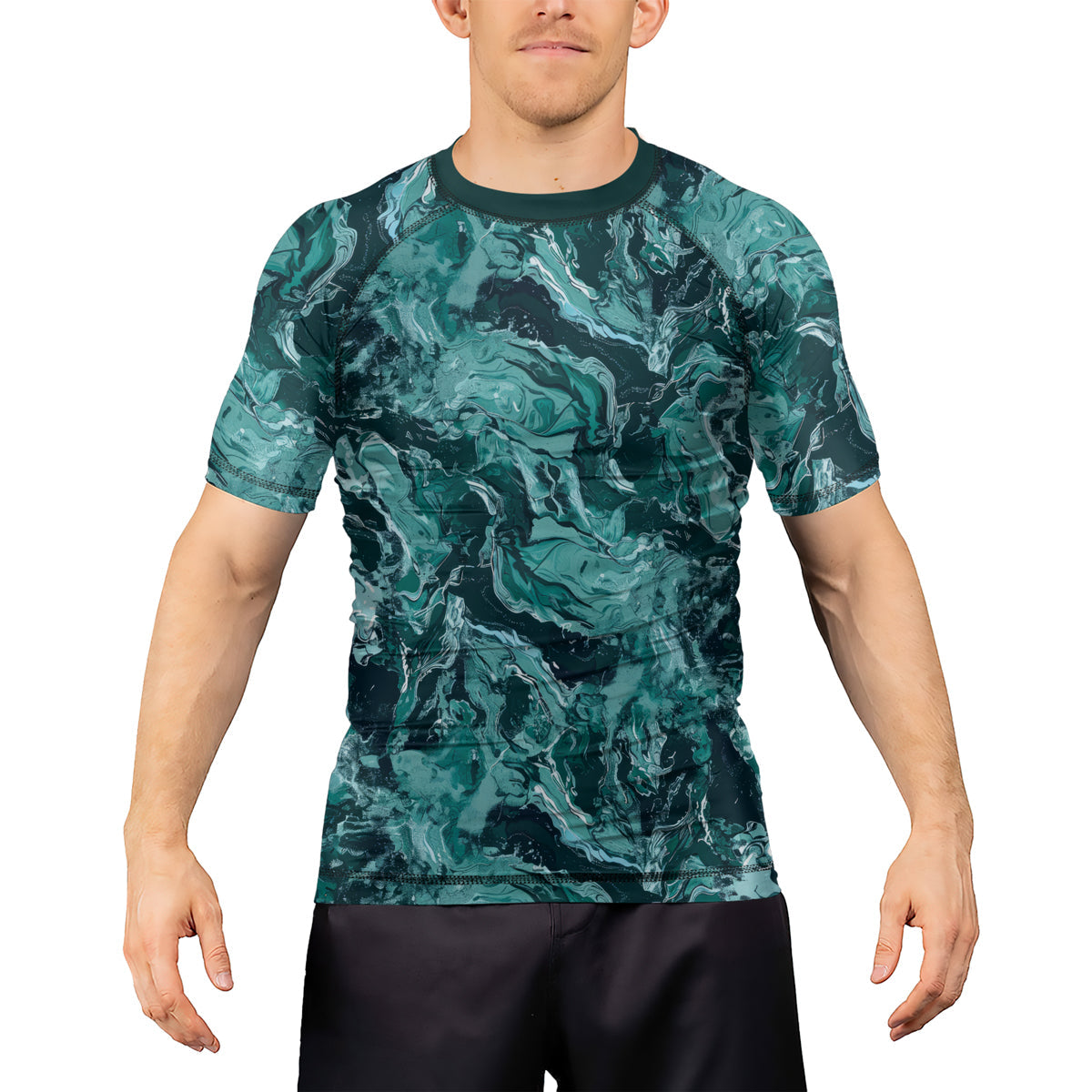 Rashninja Cyber Storm Turquoise Marble Men's Short Sleeve Rash Guard