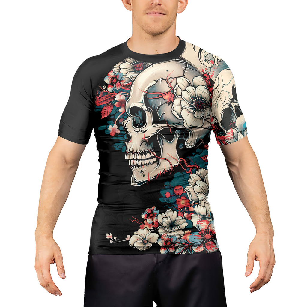 Rashninja Halloween Skull Blossom Men's Short Sleeve Rash Guard