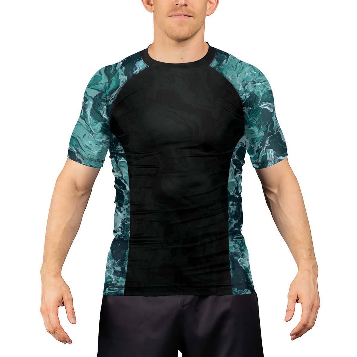 Rashninja Cyber Storm Turquoise Marble Men's Short Sleeve Rash Guard