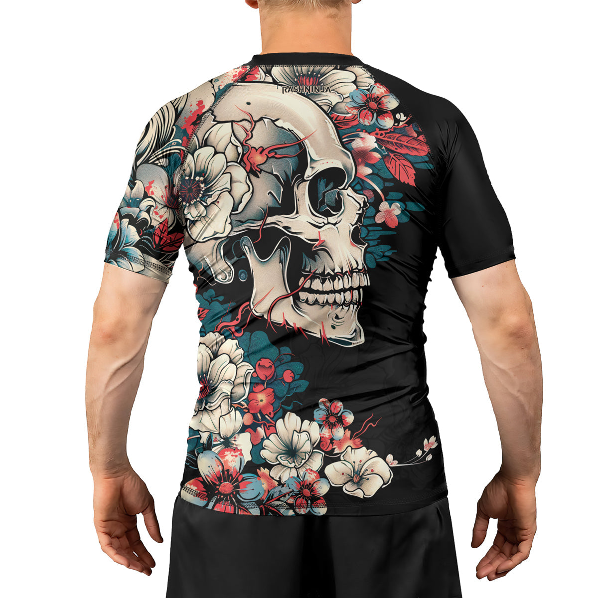 Rashninja Halloween Skull Blossom Men's Short Sleeve Rash Guard