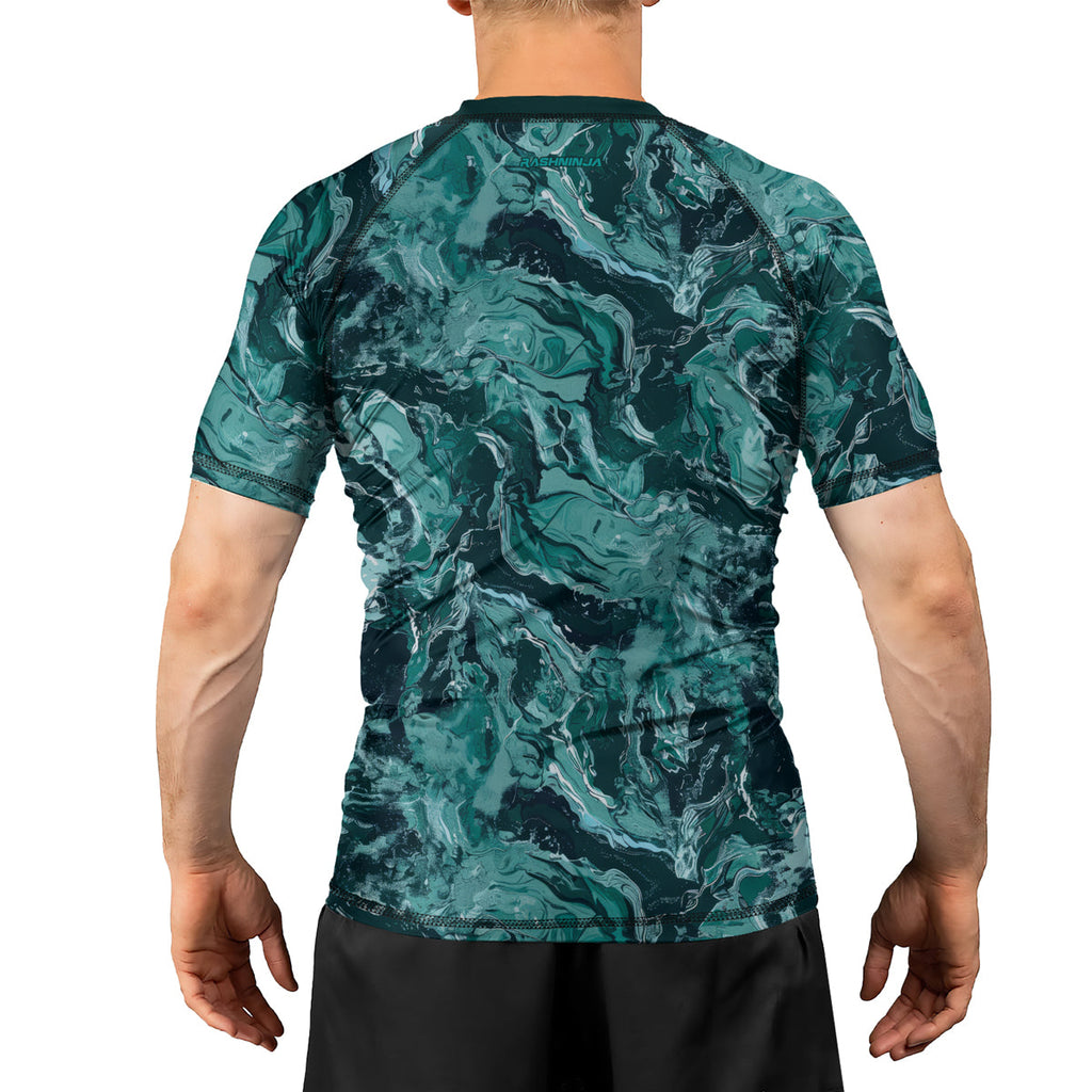 Rashninja Cyber Storm Turquoise Marble Men's Short Sleeve Rash Guard