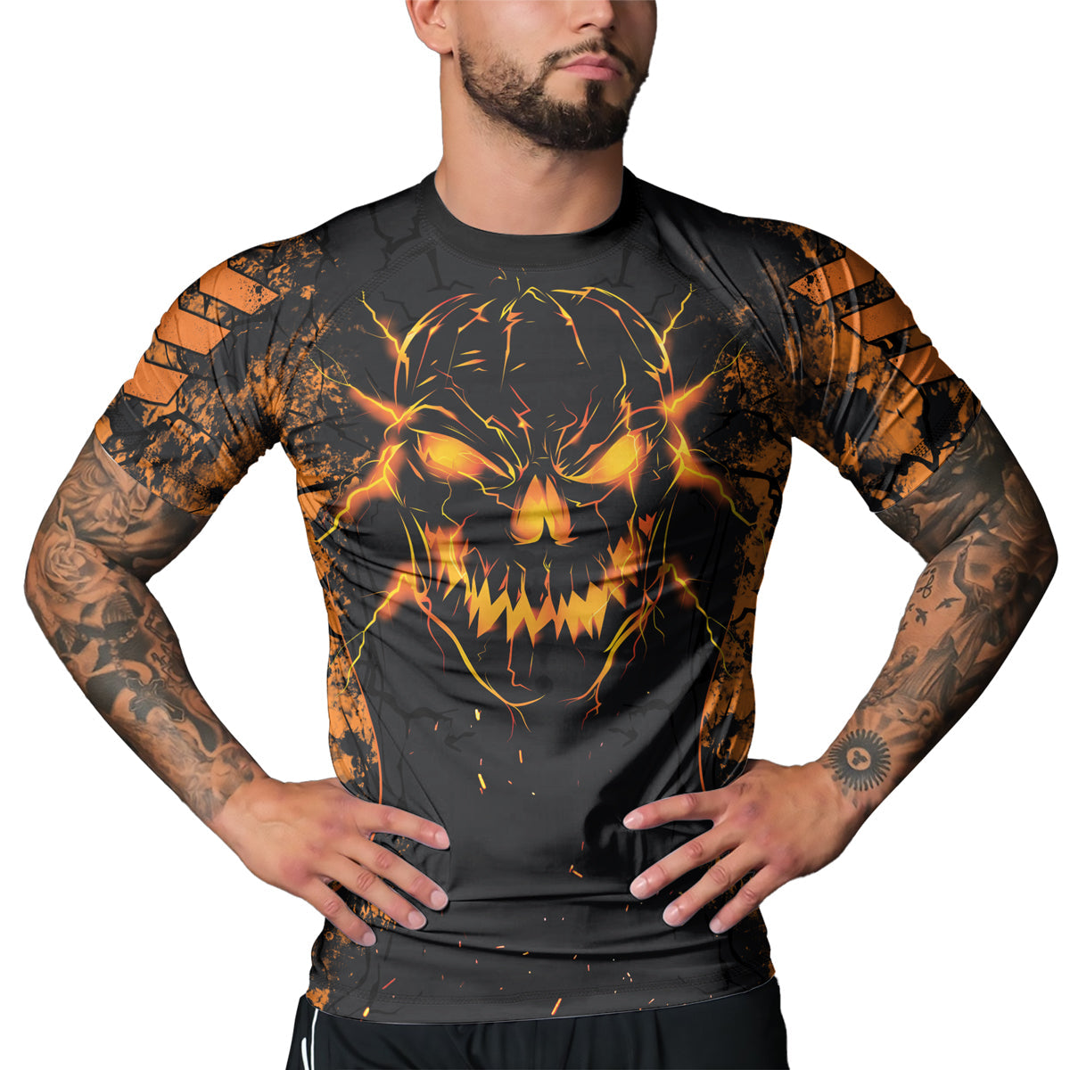 Rashninja Halloween Pumpkin Skull Men's  Short Sleeve Rash Guard