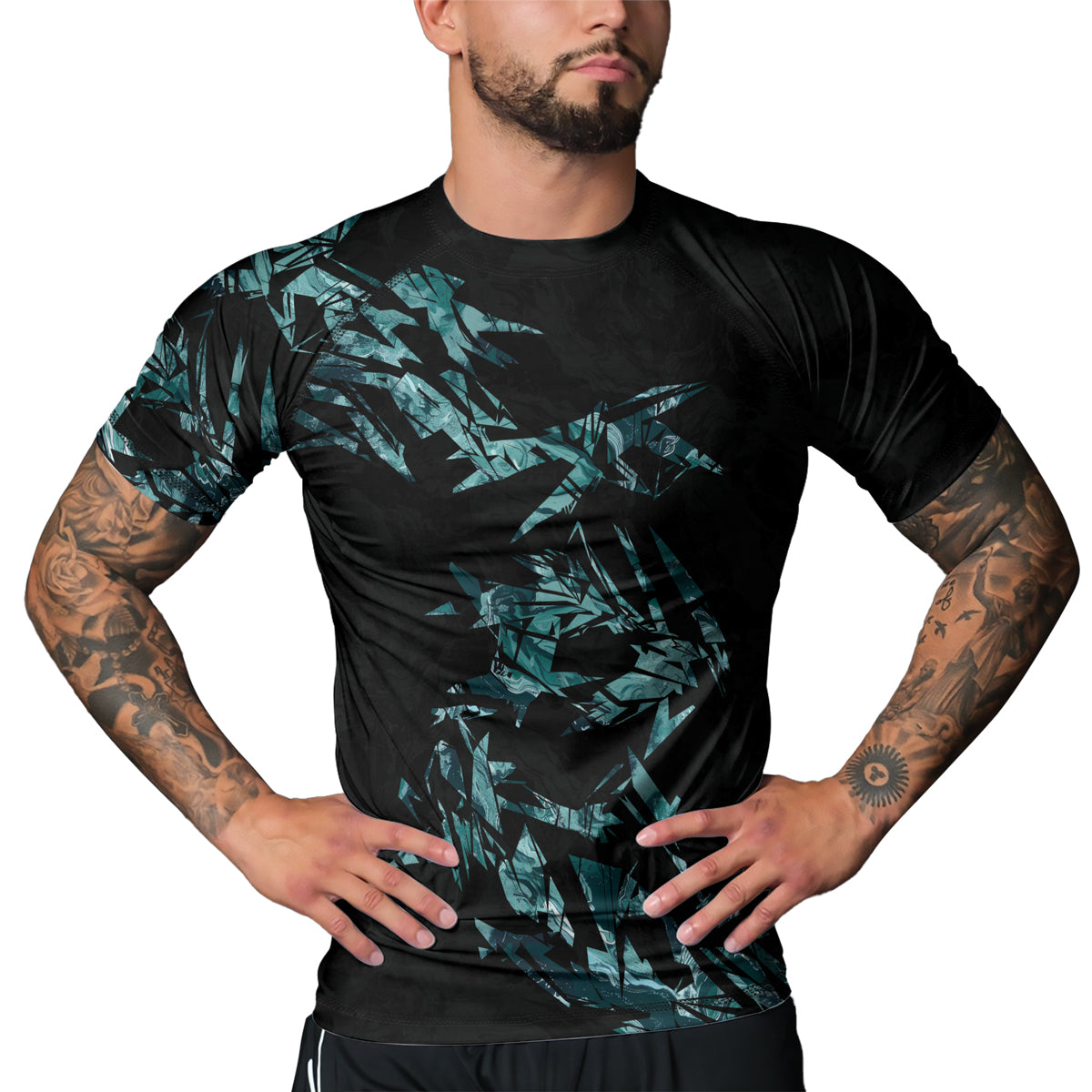 Rashninja Cyber Storm Turquoise Marble Men's Short Sleeve Rash Guard