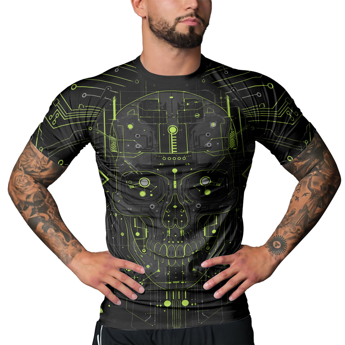 Rashninja Cyber Skull Green Men's Short Sleeve Rash Guard