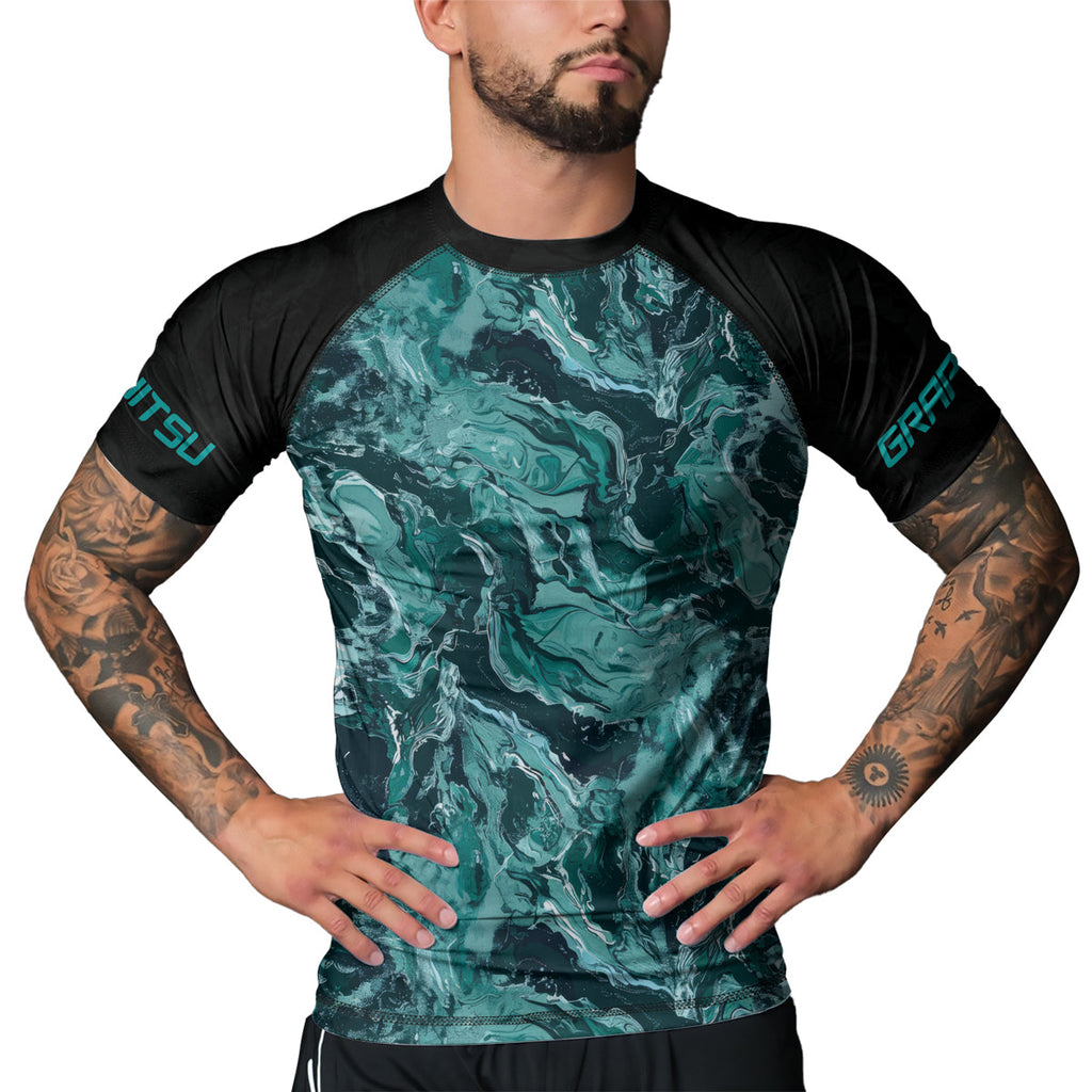 Rashninja Cyber Storm Turquoise Marble Men's Short Sleeve Rash Guard