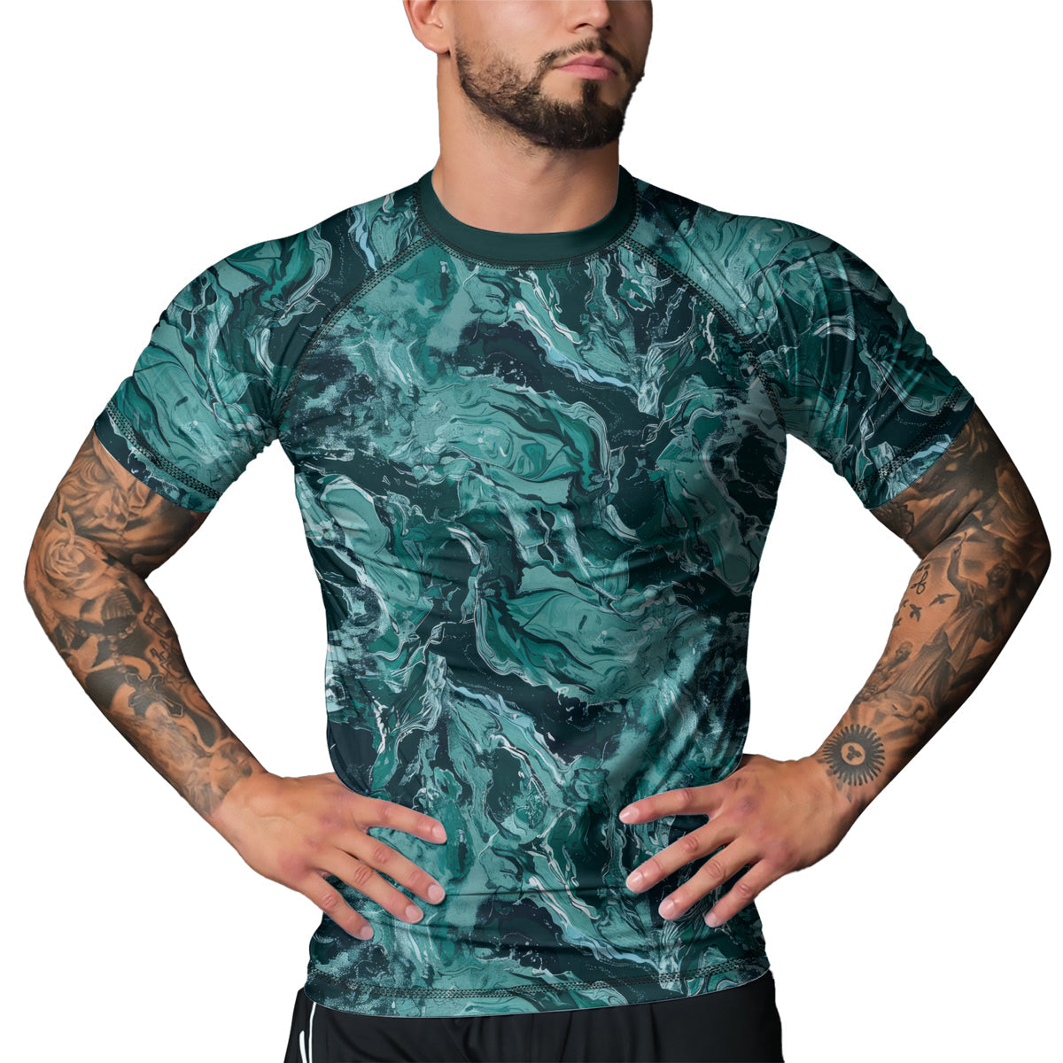 Rashninja Cyber Storm Turquoise Marble Men's Short Sleeve Rash Guard