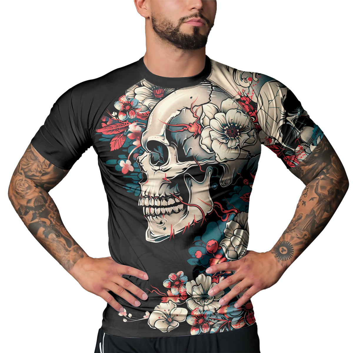 Rashninja Halloween Skull Blossom Men's Short Sleeve Rash Guard