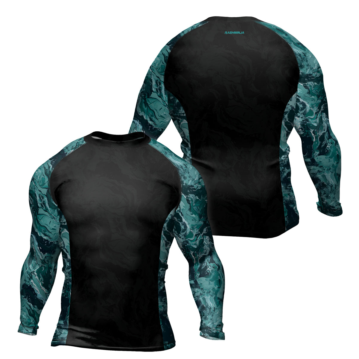 Rashninja Cyber Storm Turquoise Marble Men's Long Sleeve Rash Guard