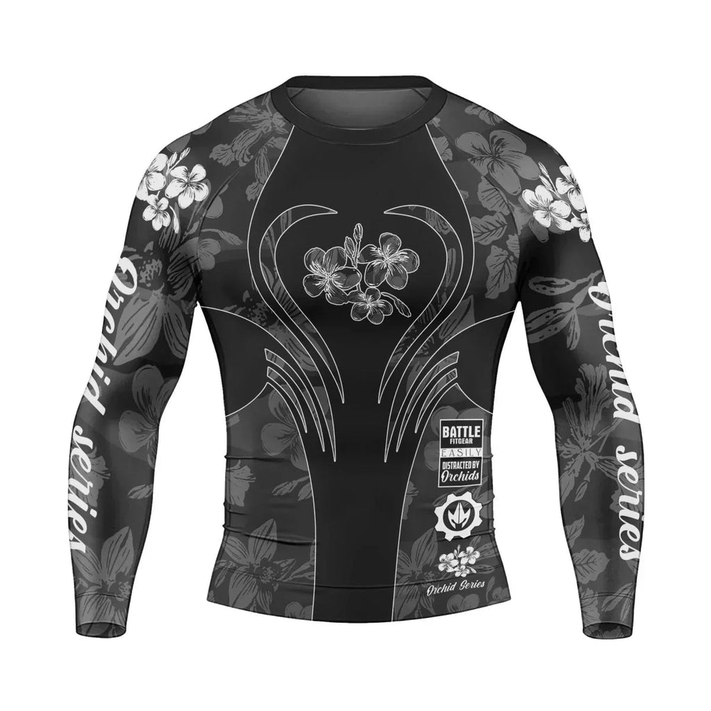 Orchid Series Floral Black Heart Pattern Men's Long Sleeve Rash Guard