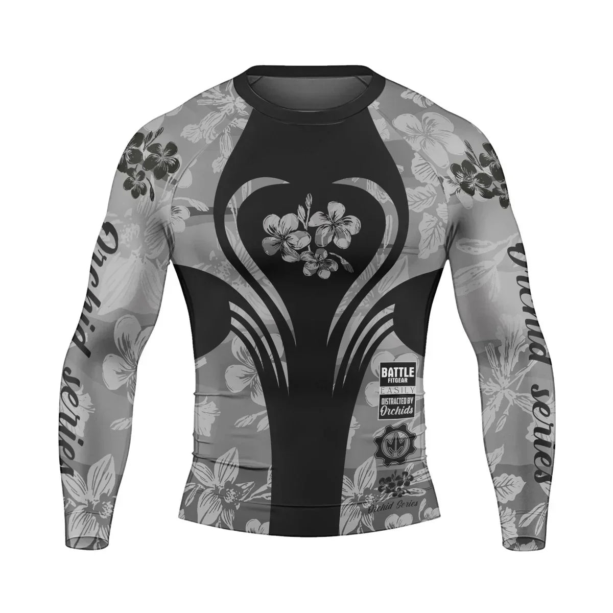Orchid Series Floral Grey Heart Pattern Men's Long Sleeve Rash Guard
