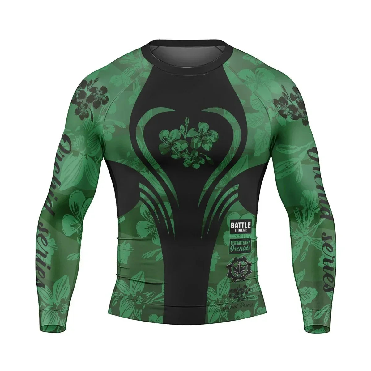 Orchid Series Floral Green Heart Pattern Men's Long Sleeve Rash Guard