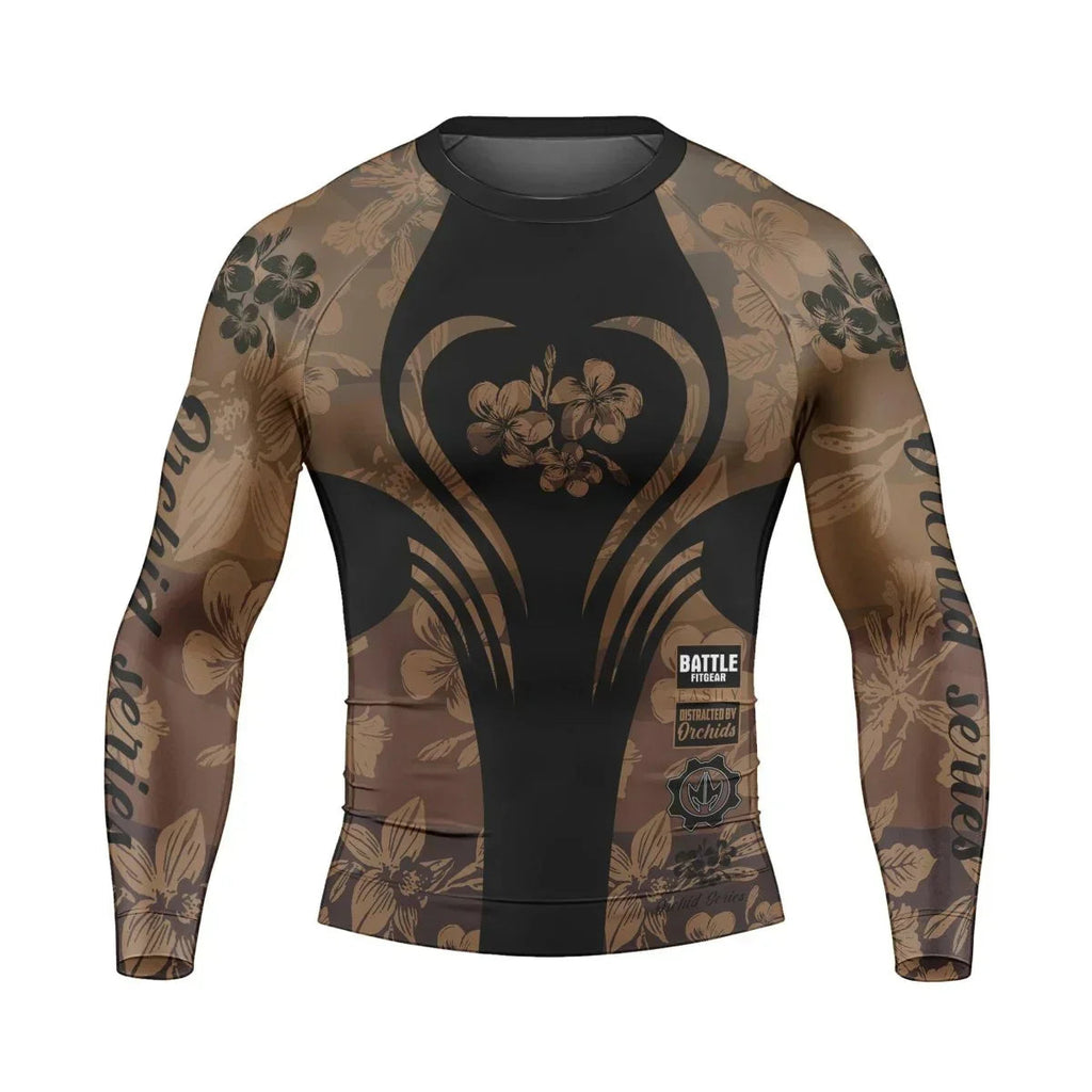 Orchid Series Floral Brown Heart Pattern Men's Long Sleeve Rash Guard
