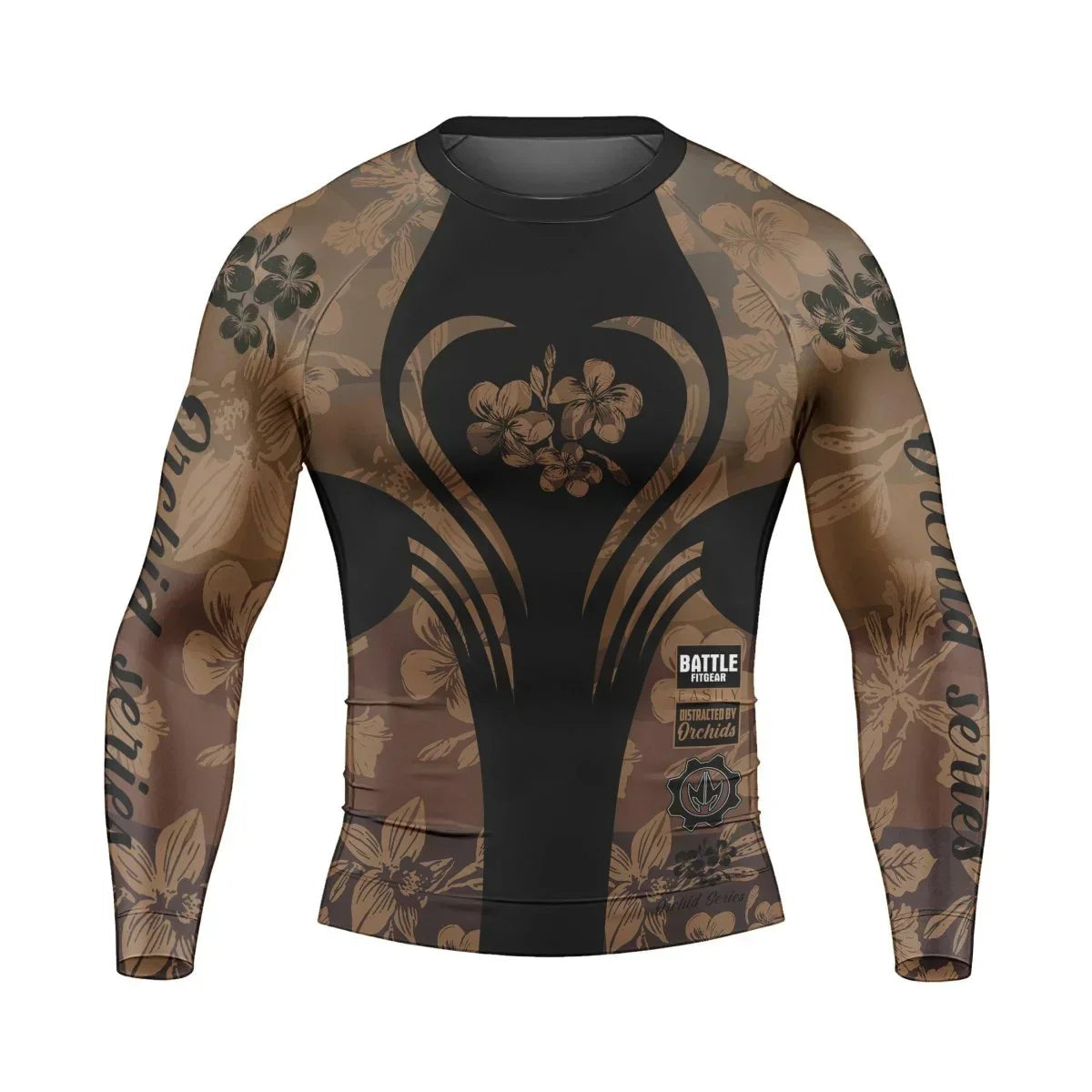 Orchid Series Floral Brown Heart Pattern Men's Long Sleeve Rash Guard