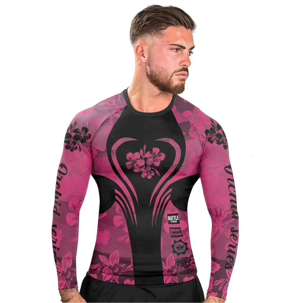 Orchid Series Floral Pink Heart Pattern Men's Long Sleeve Rash Guard