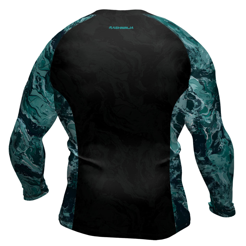 Rashninja Cyber Storm Turquoise Marble Men's Long Sleeve Rash Guard