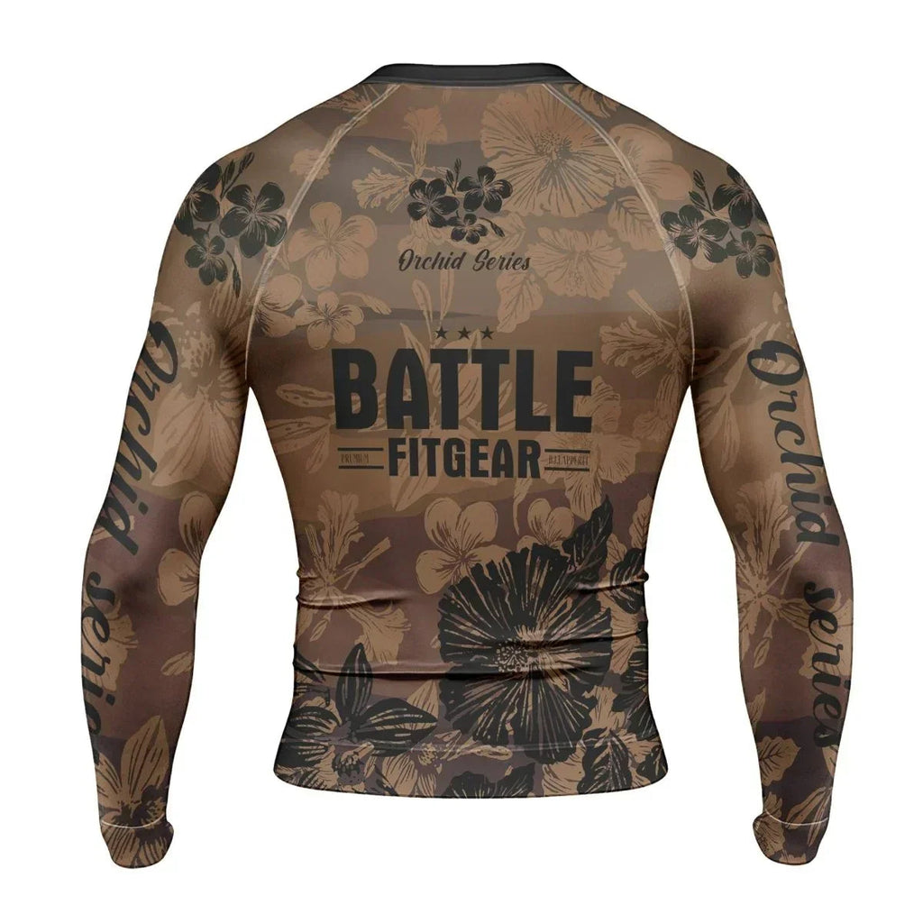 Orchid Series Floral Brown Heart Pattern Men's Long Sleeve Rash Guard