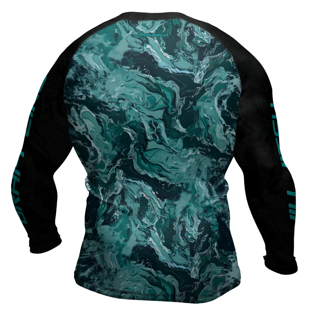 Rashninja Cyber Storm Turquoise Marble Men's Long Sleeve Rash Guard