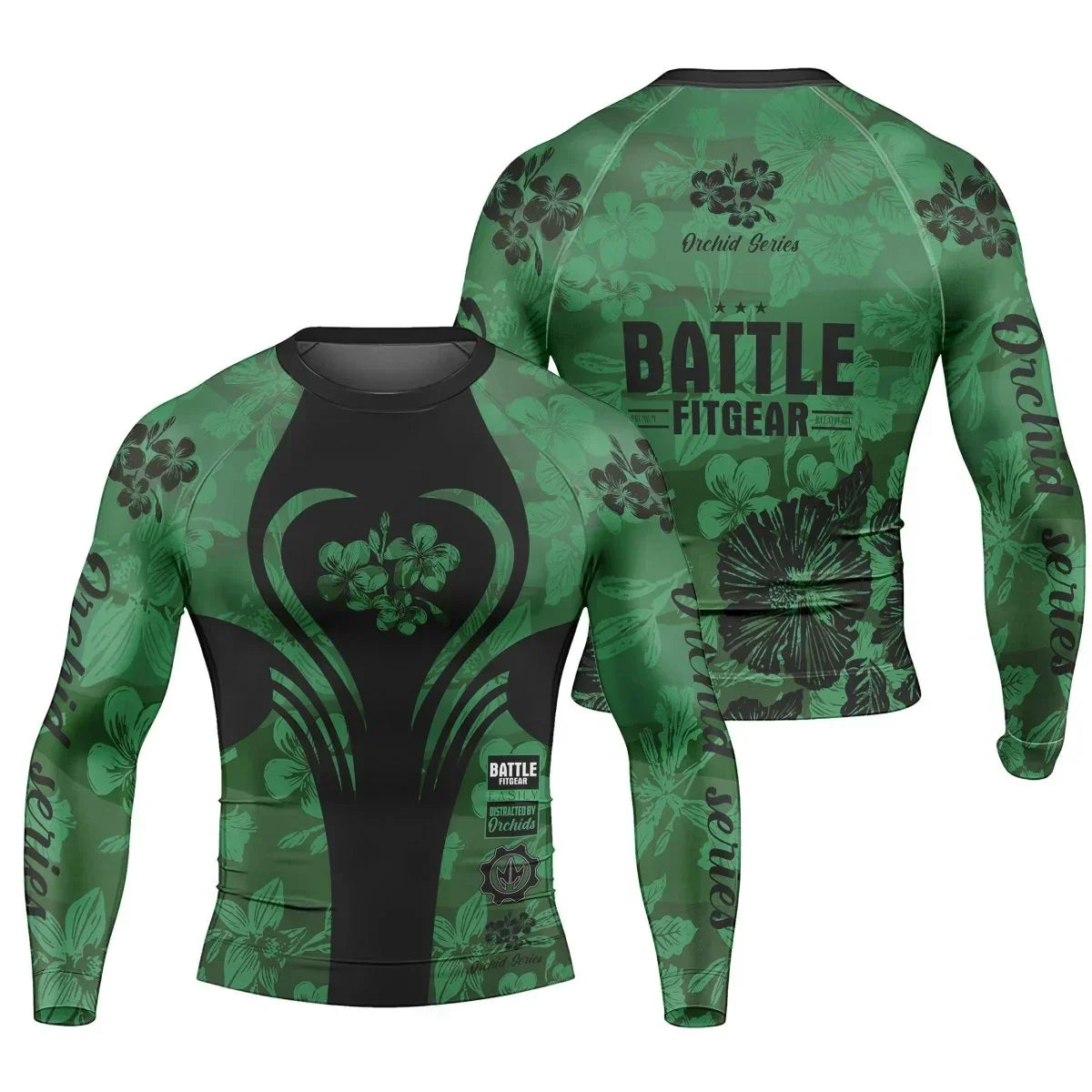 Orchid Series Floral Green Heart Pattern Men's Long Sleeve Rash Guard