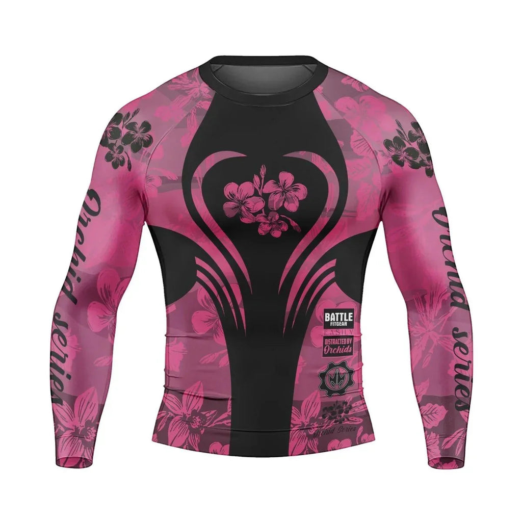 Orchid Series Floral Pink Heart Pattern Men's Long Sleeve Rash Guard