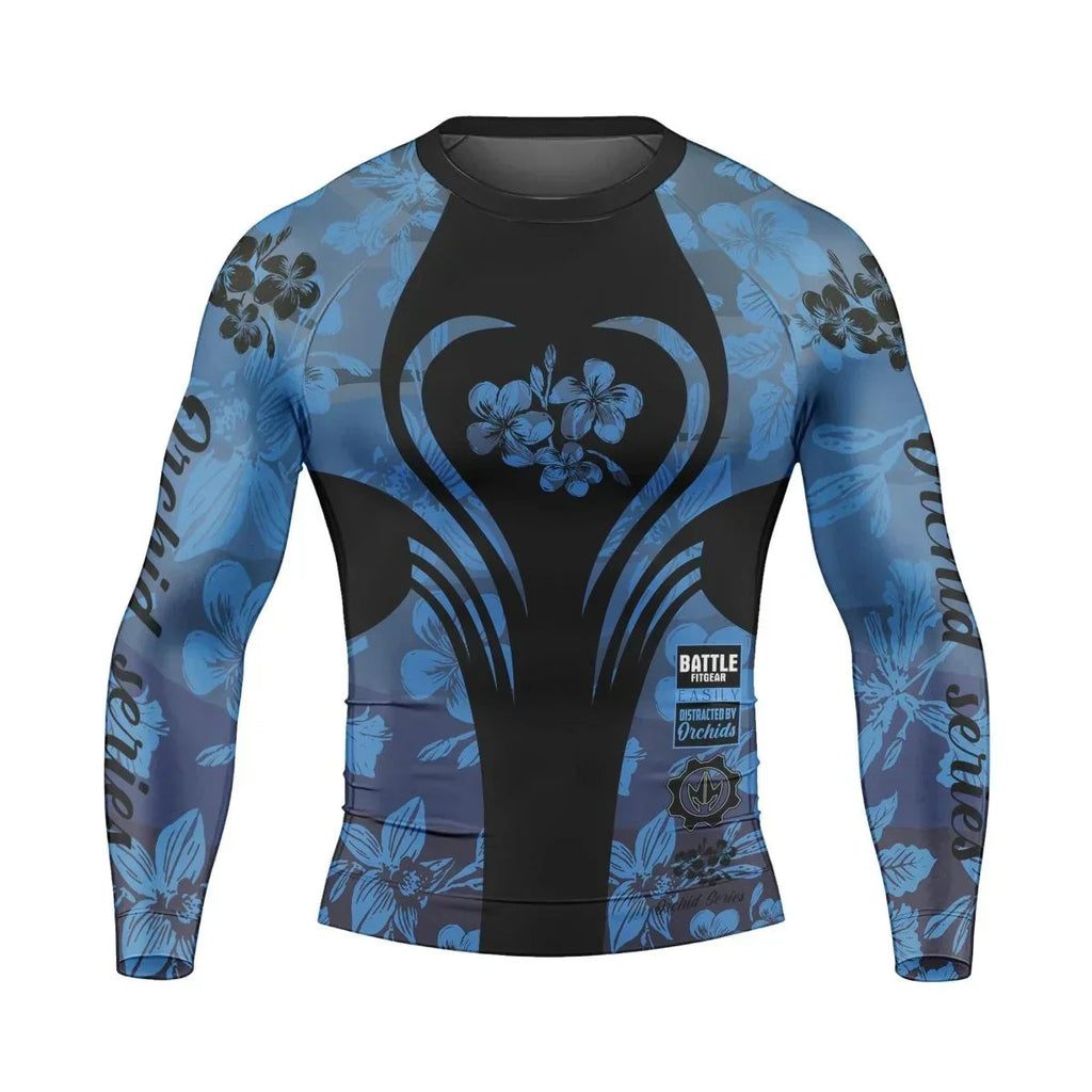 Orchid Series Floral Blue Heart Pattern Men's Long Sleeve Rash Guard
