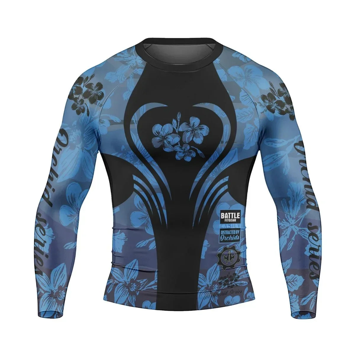 Orchid Series Floral Blue Heart Pattern Men's Long Sleeve Rash Guard