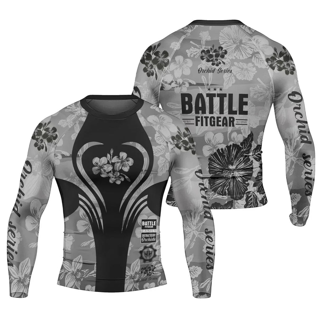 Orchid Series Floral Grey Heart Pattern Men's Long Sleeve Rash Guard