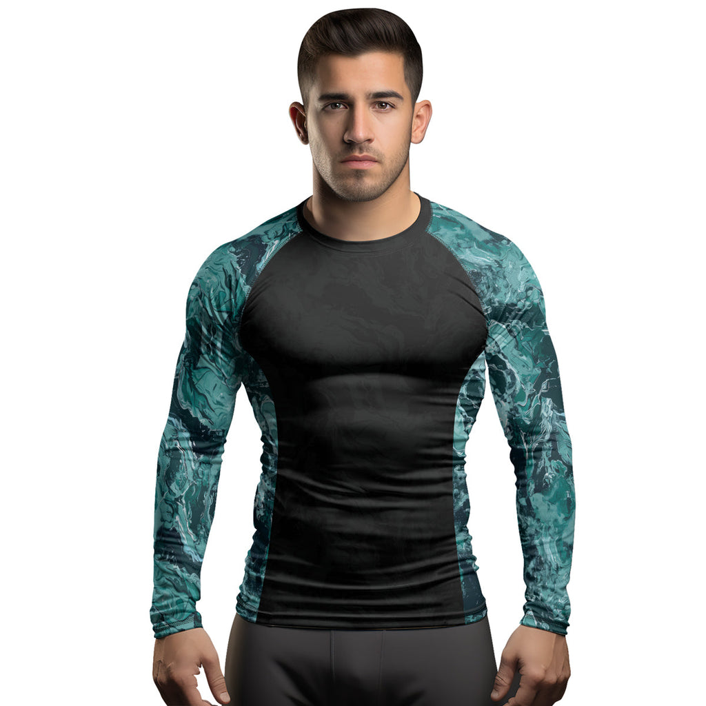 Rashninja Cyber Storm Turquoise Marble Men's Long Sleeve Rash Guard
