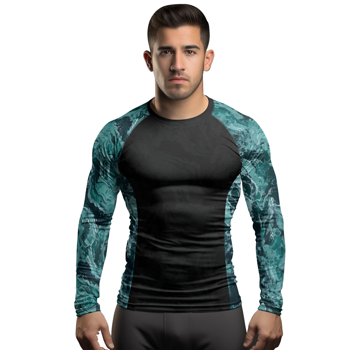 Rashninja Cyber Storm Turquoise Marble Men's Long Sleeve Rash Guard