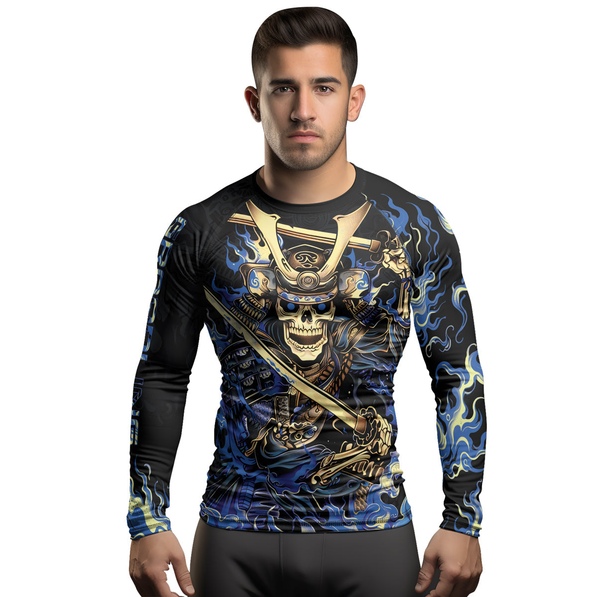 Rashninja Samurai Skull Fire Men's Long Sleeve Rash Guard