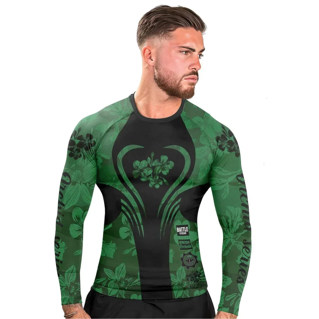 Orchid Series Floral Green Heart Pattern Men's Long Sleeve Rash Guard