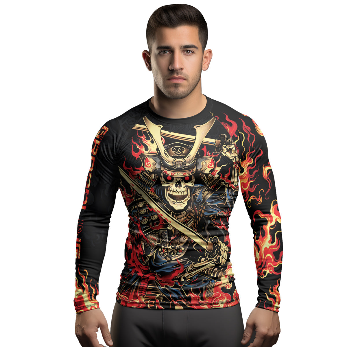 Rashninja Samurai Skull Fire Men's Long Sleeve Rash Guard