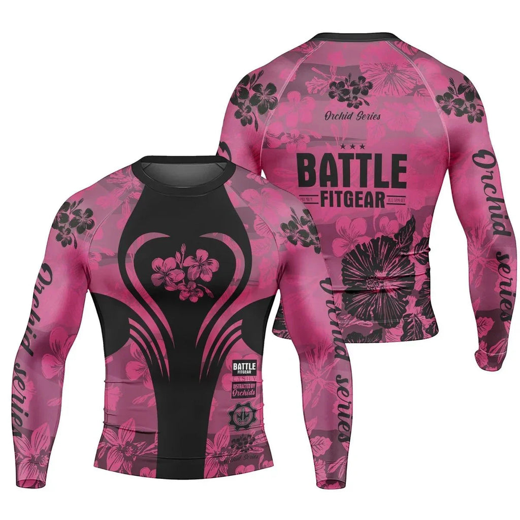 Orchid Series Floral Pink Heart Pattern Men's Long Sleeve Rash Guard