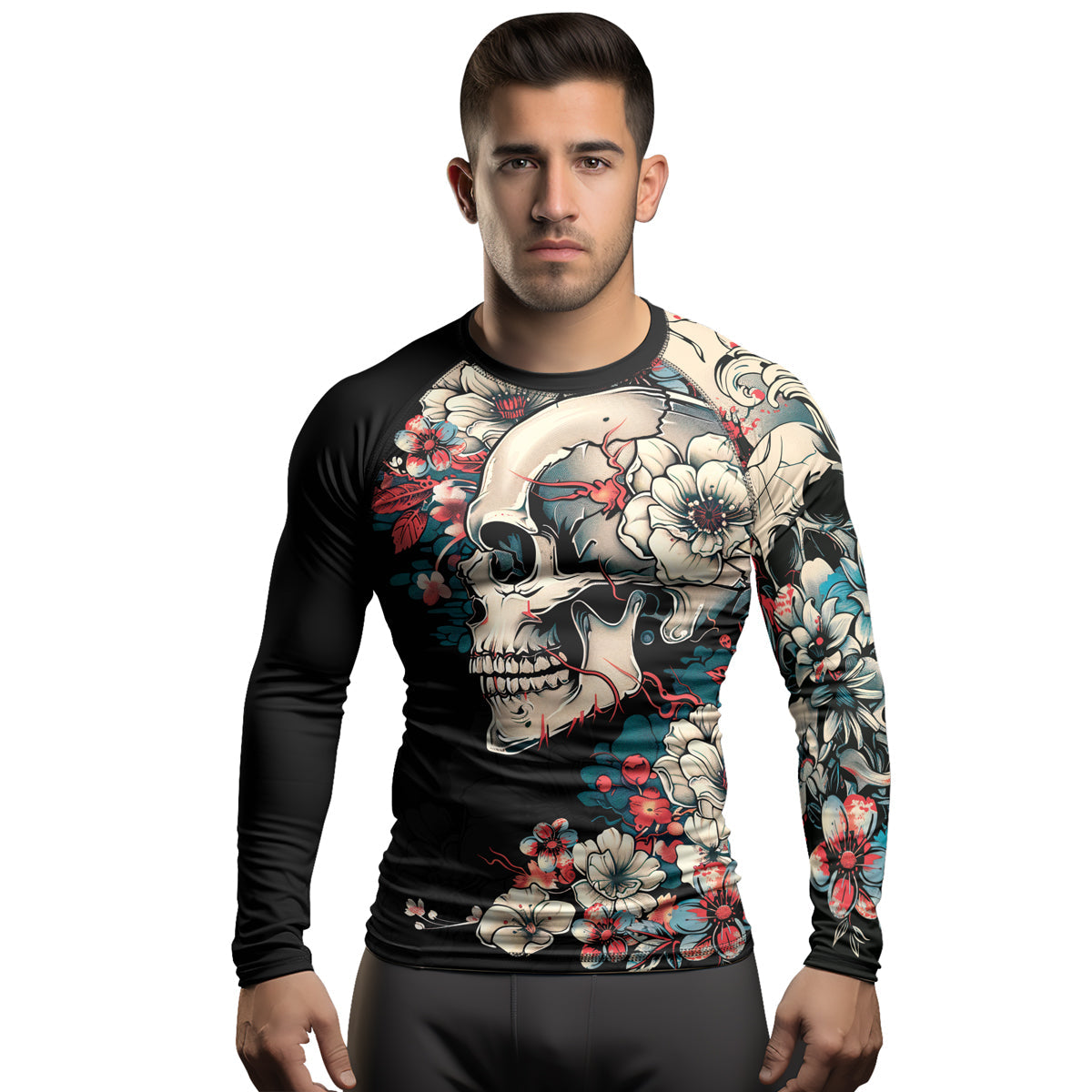 Rashninja Halloween Skull Blossom Men's Long Sleeve Rash Guard