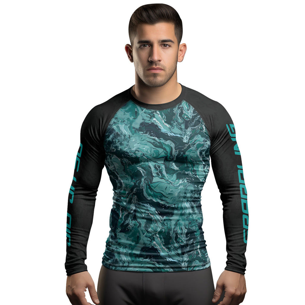 Rashninja Cyber Storm Turquoise Marble Men's Long Sleeve Rash Guard