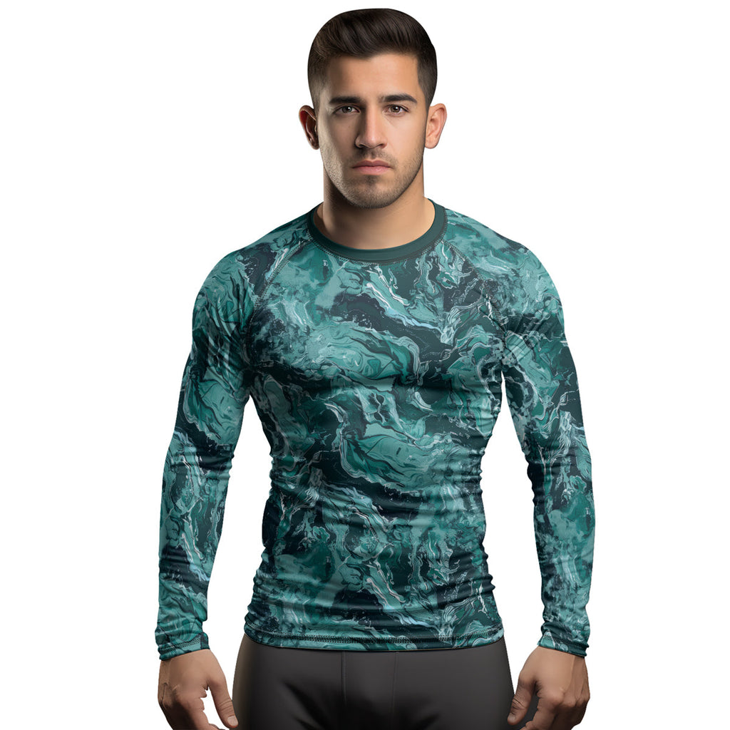 Rashninja Cyber Storm Turquoise Marble Men's Long Sleeve Rash Guard