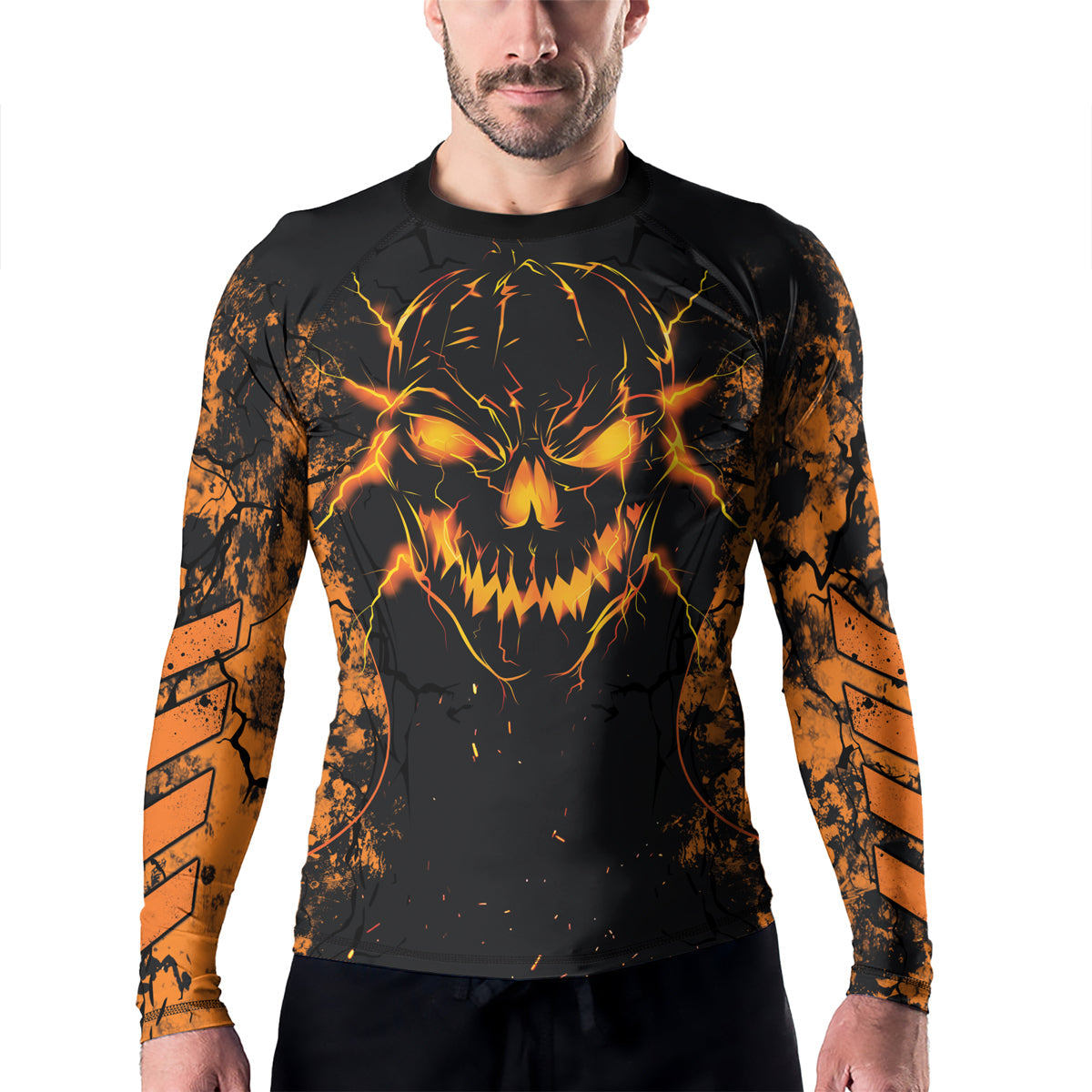 Rashninja Halloween Pumpkin Skull Men's Long Sleeve Rash Guard
