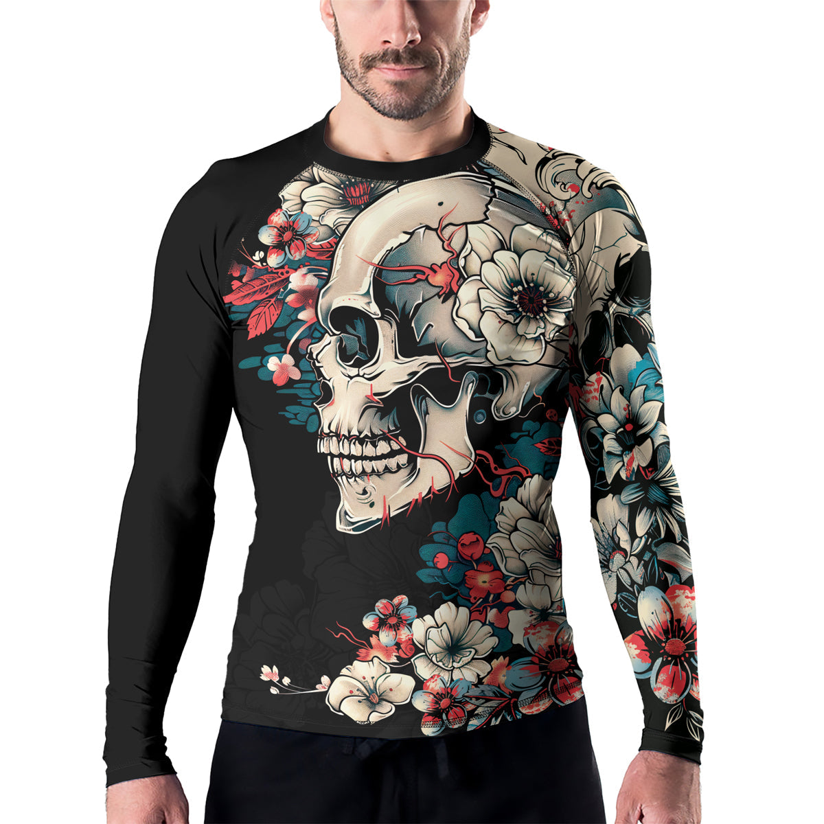 Rashninja Halloween Skull Blossom Men's Long Sleeve Rash Guard