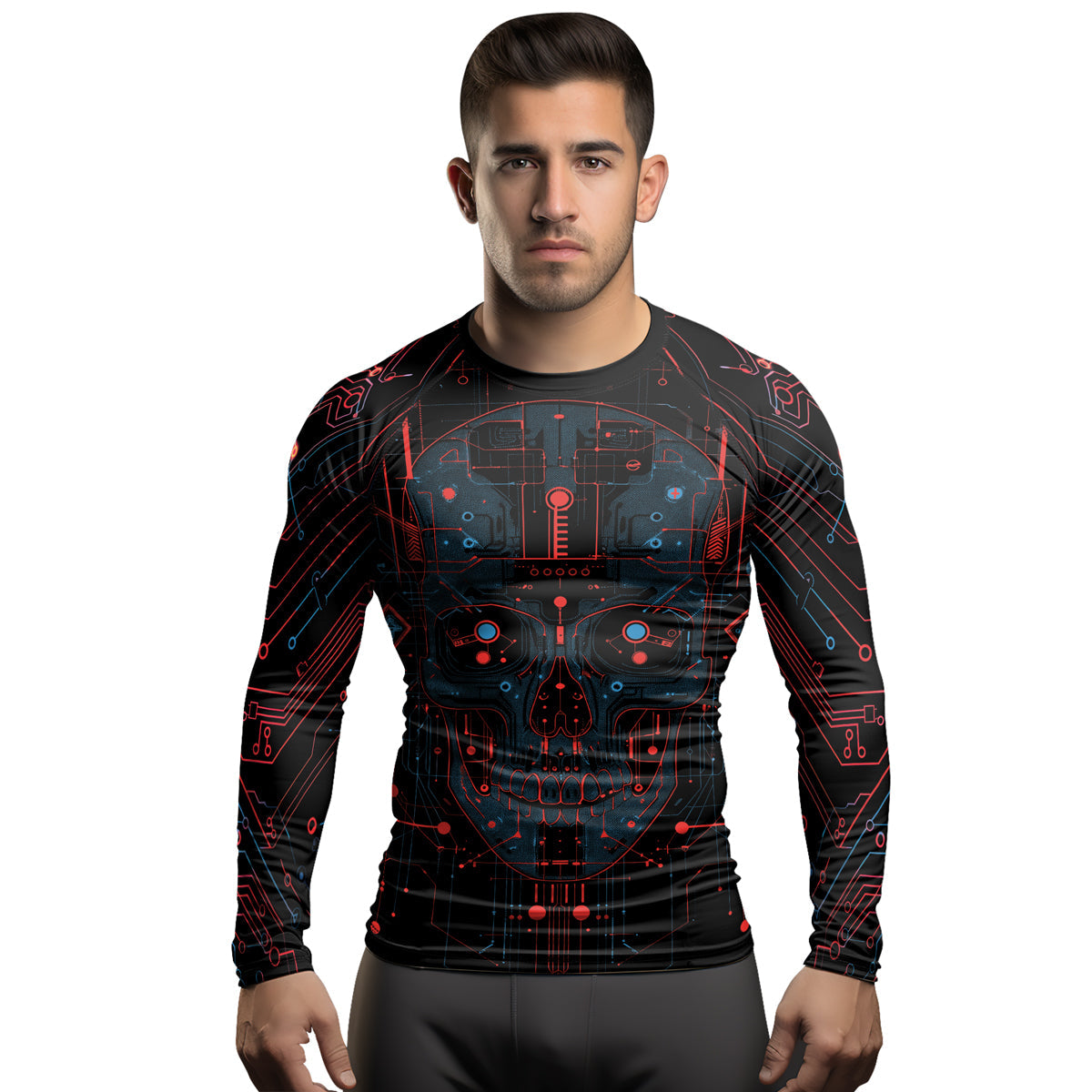 Rashninja Cyber Skull Red Men's Long Sleeve Rash Guard