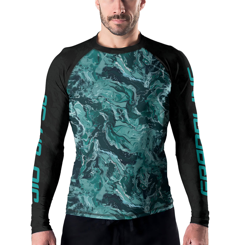 Rashninja Cyber Storm Turquoise Marble Men's Long Sleeve Rash Guard