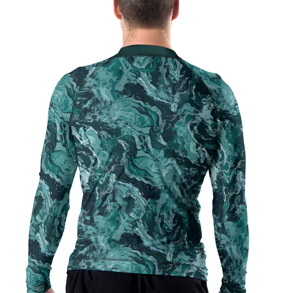 Rashninja Cyber Storm Turquoise Marble Men's Long Sleeve Rash Guard
