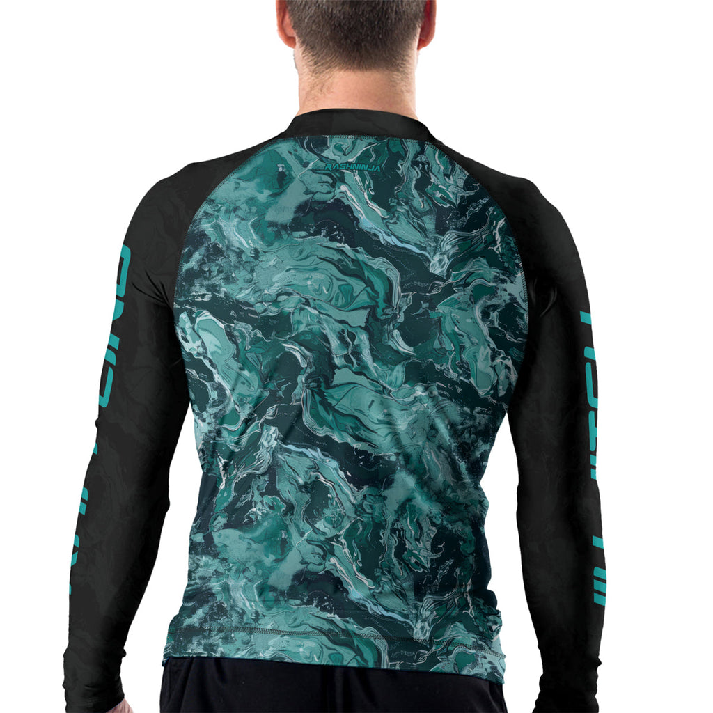 Rashninja Cyber Storm Turquoise Marble Men's Long Sleeve Rash Guard