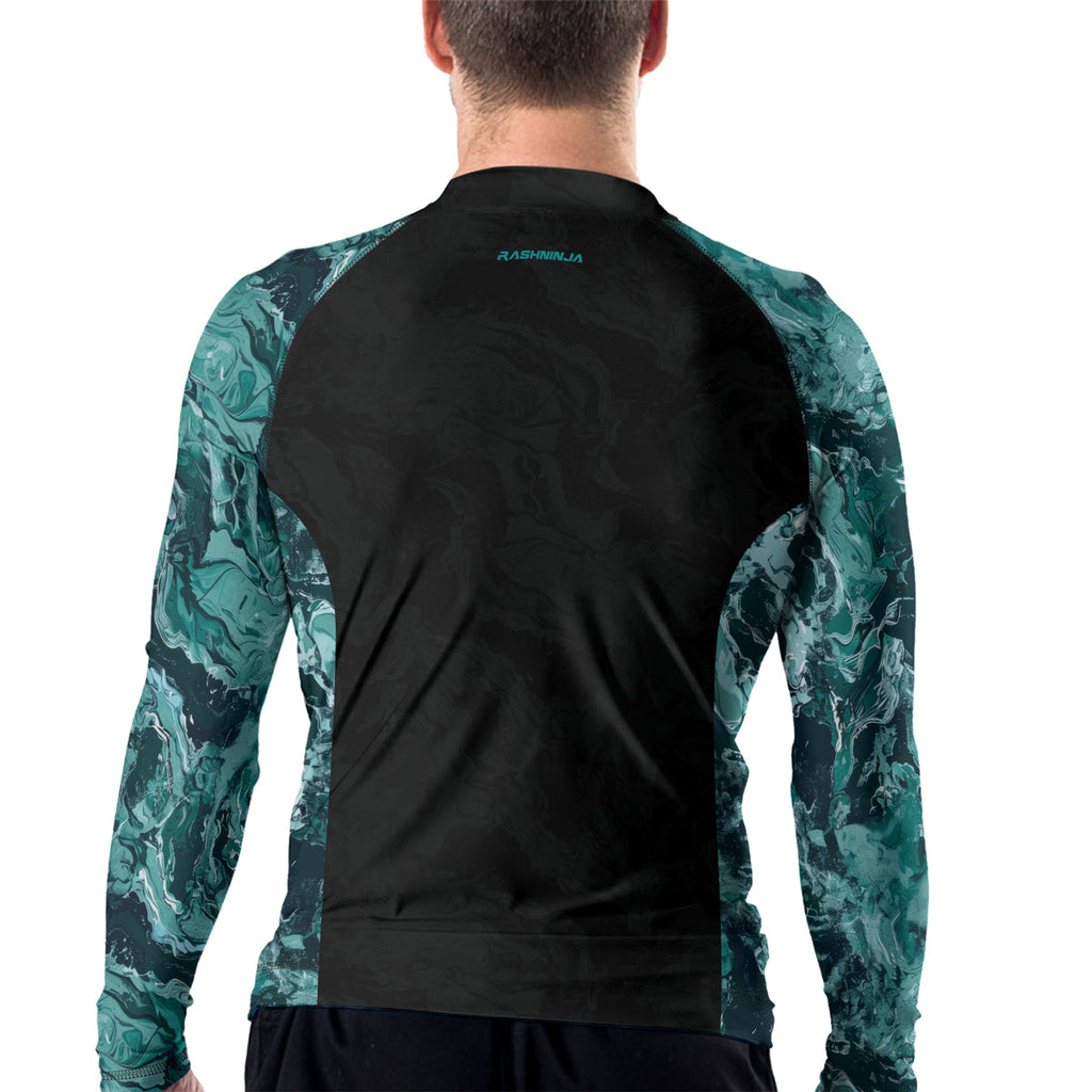 Rashninja Cyber Storm Turquoise Marble Men's Long Sleeve Rash Guard