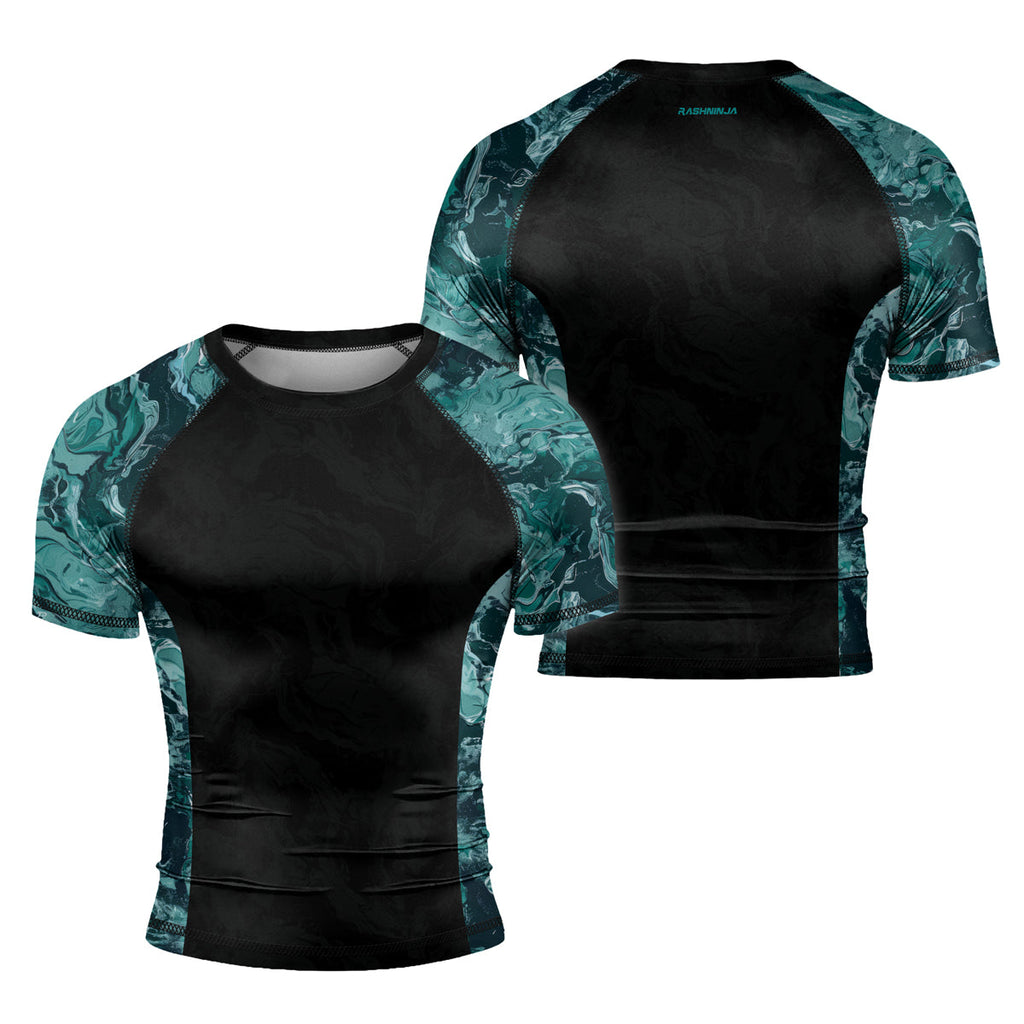 Rashninja Cyber Storm Turquoise Marble Men's Short Sleeve Rash Guard