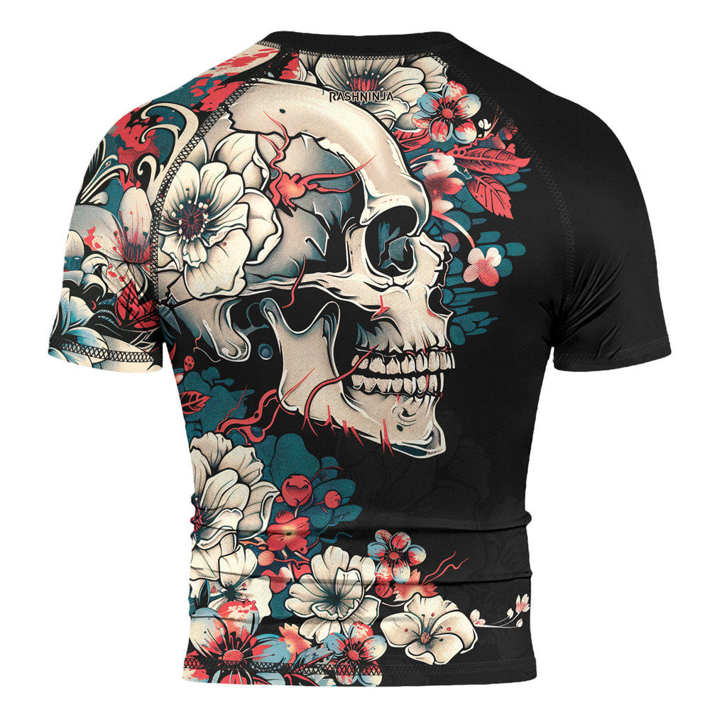 Rashninja Halloween Skull Blossom Men's Short Sleeve Rash Guard
