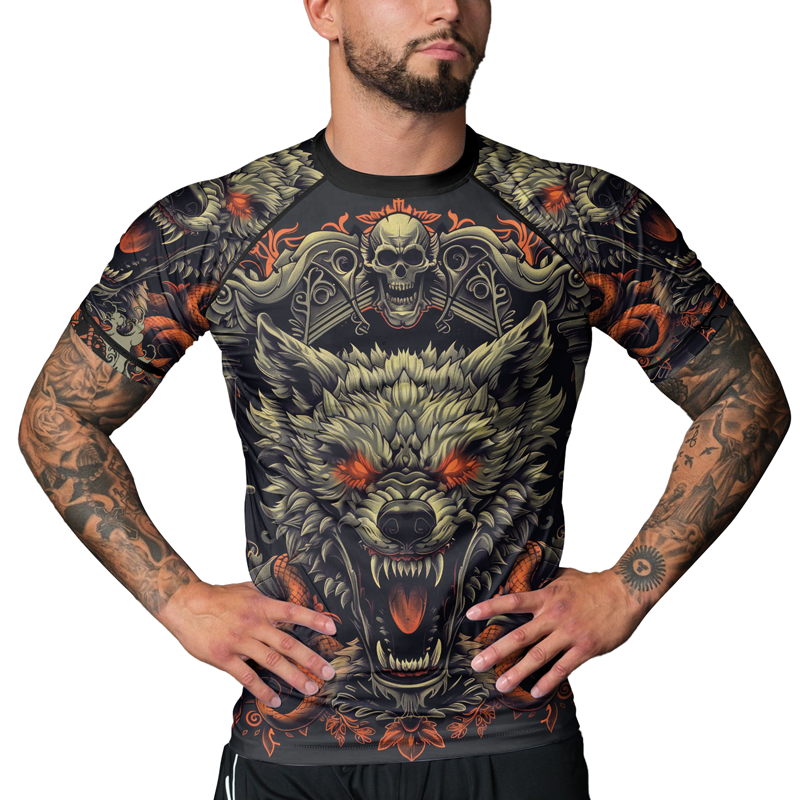 Rashninja Fanged Wolf with Skull Men's Short Sleeve Rash Guard